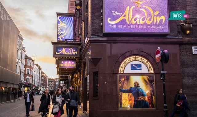 Prince Edward Theatre in Old Compton Street, Soho, London UK. Now playing Aladdin.  Photo: Shutterstock